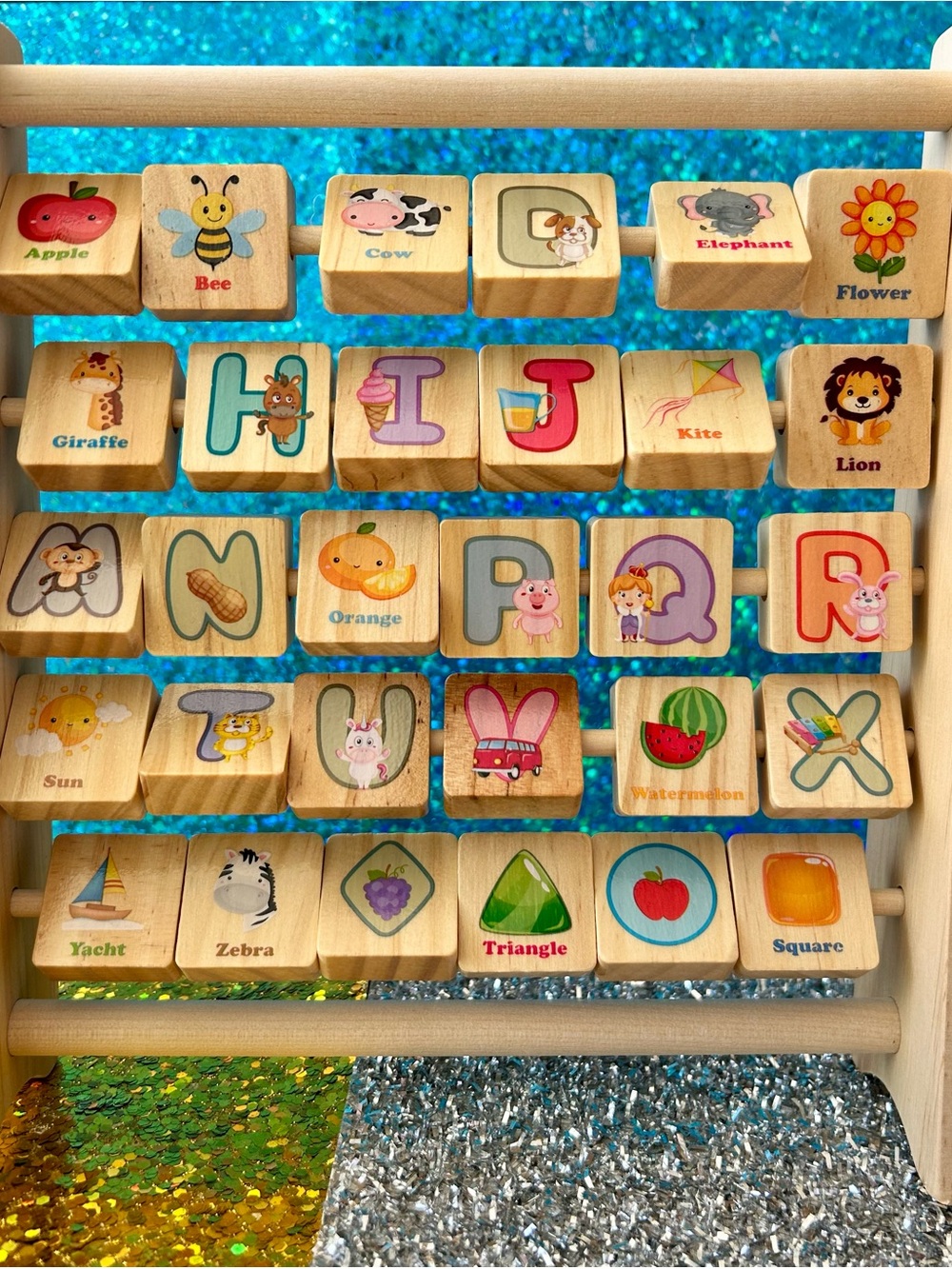 Wooden Alphabet & Picture Bead Roller - Natural Wood with Multicolor Accents